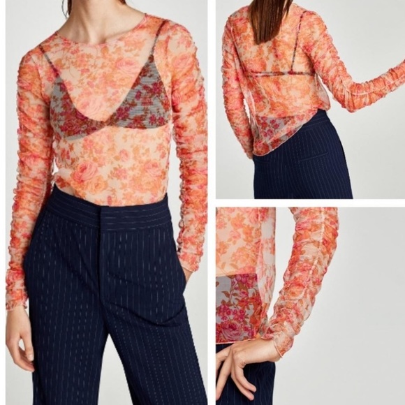 Zara Tops - Zara floral ruched mesh blouse